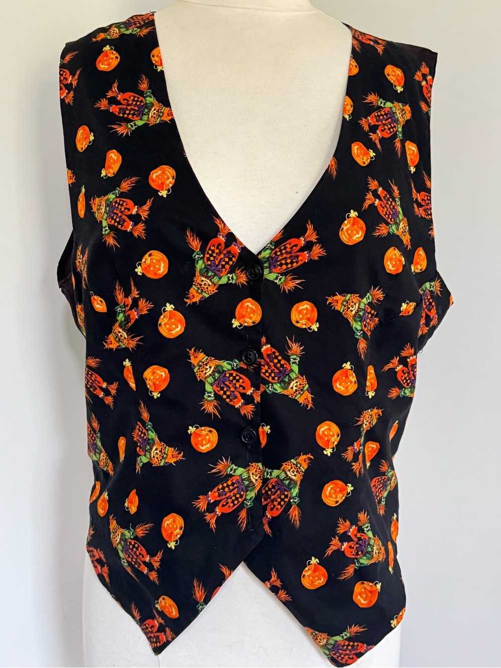 Vintage Halloween Pumpkin Scarecrow Vest Black Satin Back Tie Waist Large